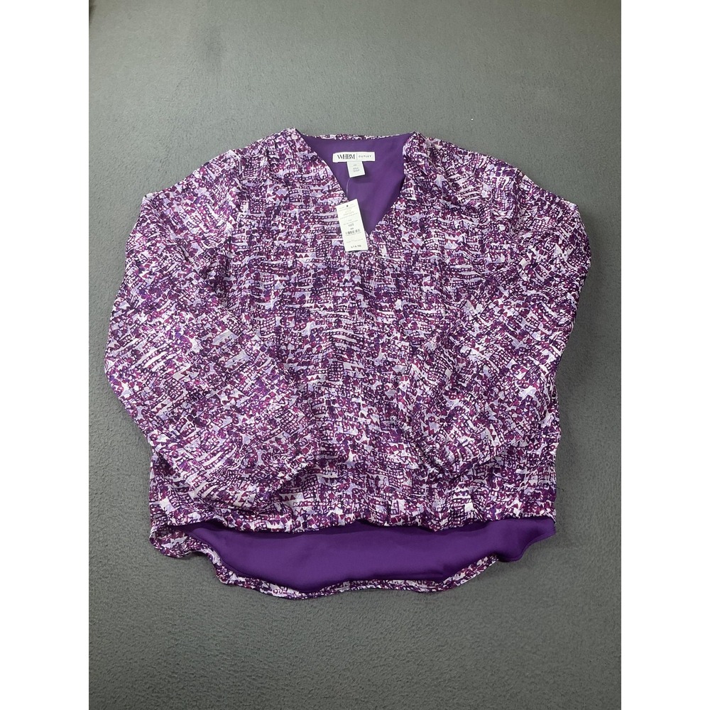 WHBM Outlet Blouse Womens 00 Purple Geometric Chiffon V-Neck Lined Ruffle Office